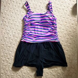 Vtg 80s MAINSTREAM striped swimwear Swimsuit Romper One Piece XL NWOT